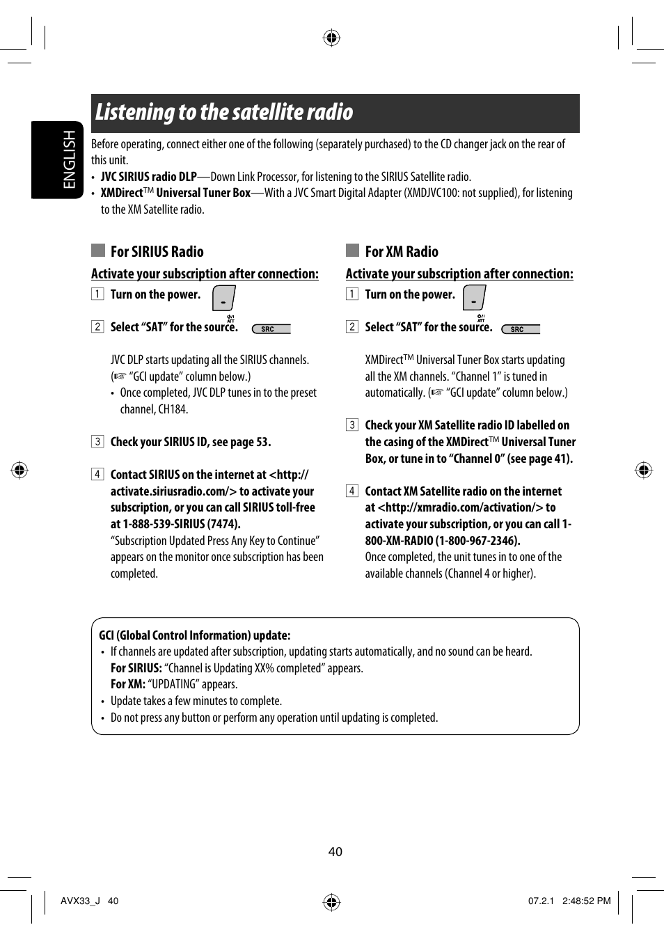 Listening to the satellite radio, English, For sirius radio | For xm radio | JVC KD-AVX33 User Manual | Page 40 / 382