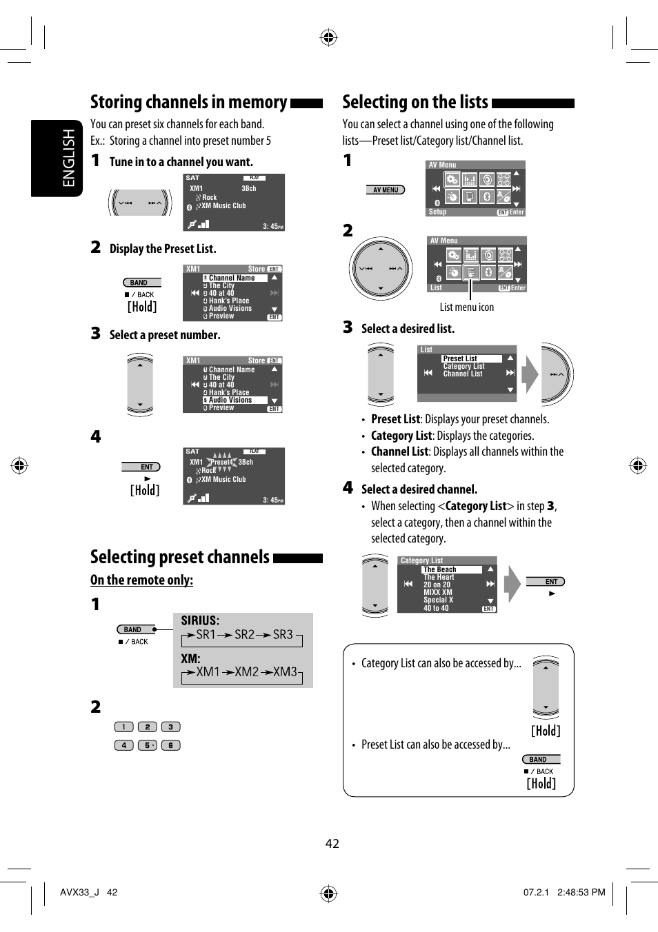 Selecting preset channels, Selecting on the lists, English | On the remote only, Tune in to a channel you want, Display the preset list, Select a preset number | JVC KD-AVX33 User Manual | Page 42 / 382