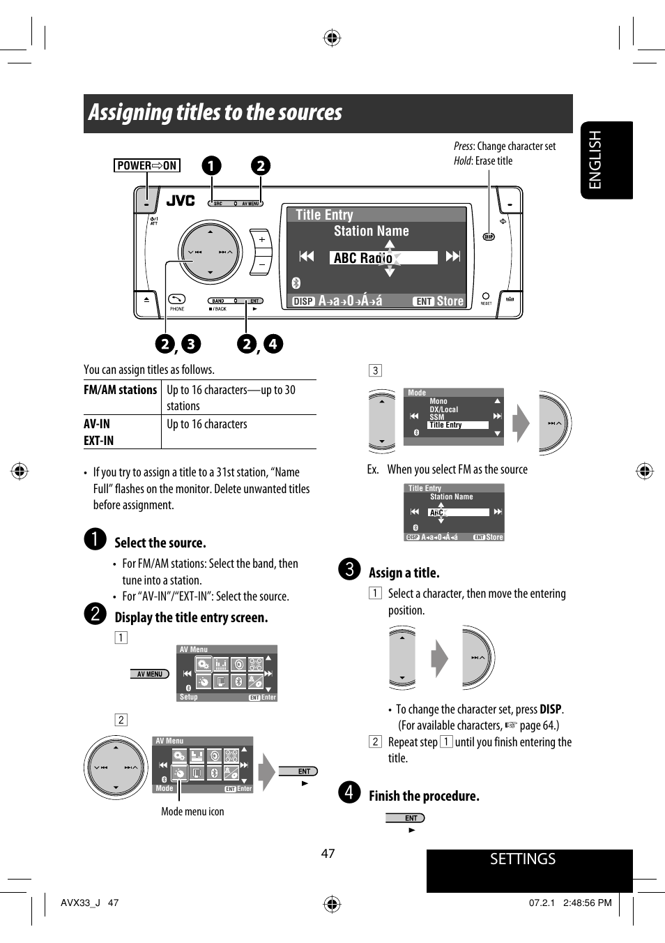 Assigning titles to the sources, Settings, English | Select the source, Display the title entry screen, Assign a title, Finish the procedure | JVC KD-AVX33 User Manual | Page 47 / 382