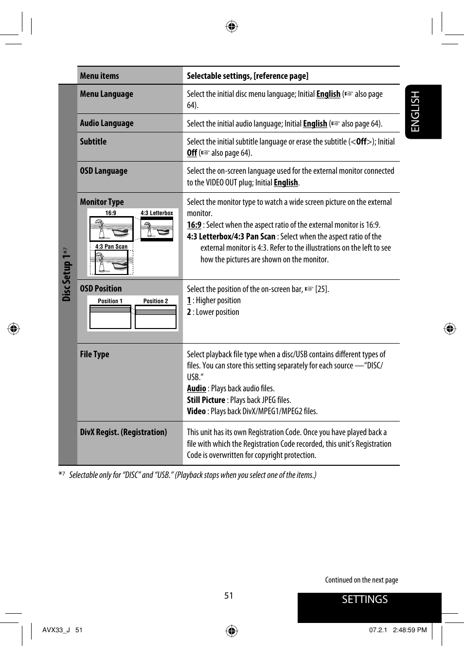 Settings, English, Disc setup 1 | JVC KD-AVX33 User Manual | Page 51 / 382