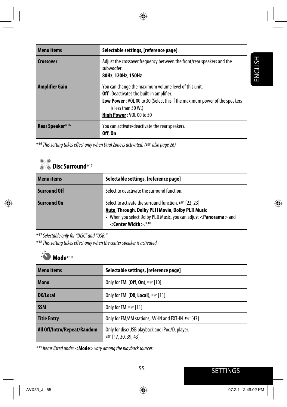 Settings, English, Disc surround | Mode | JVC KD-AVX33 User Manual | Page 55 / 382