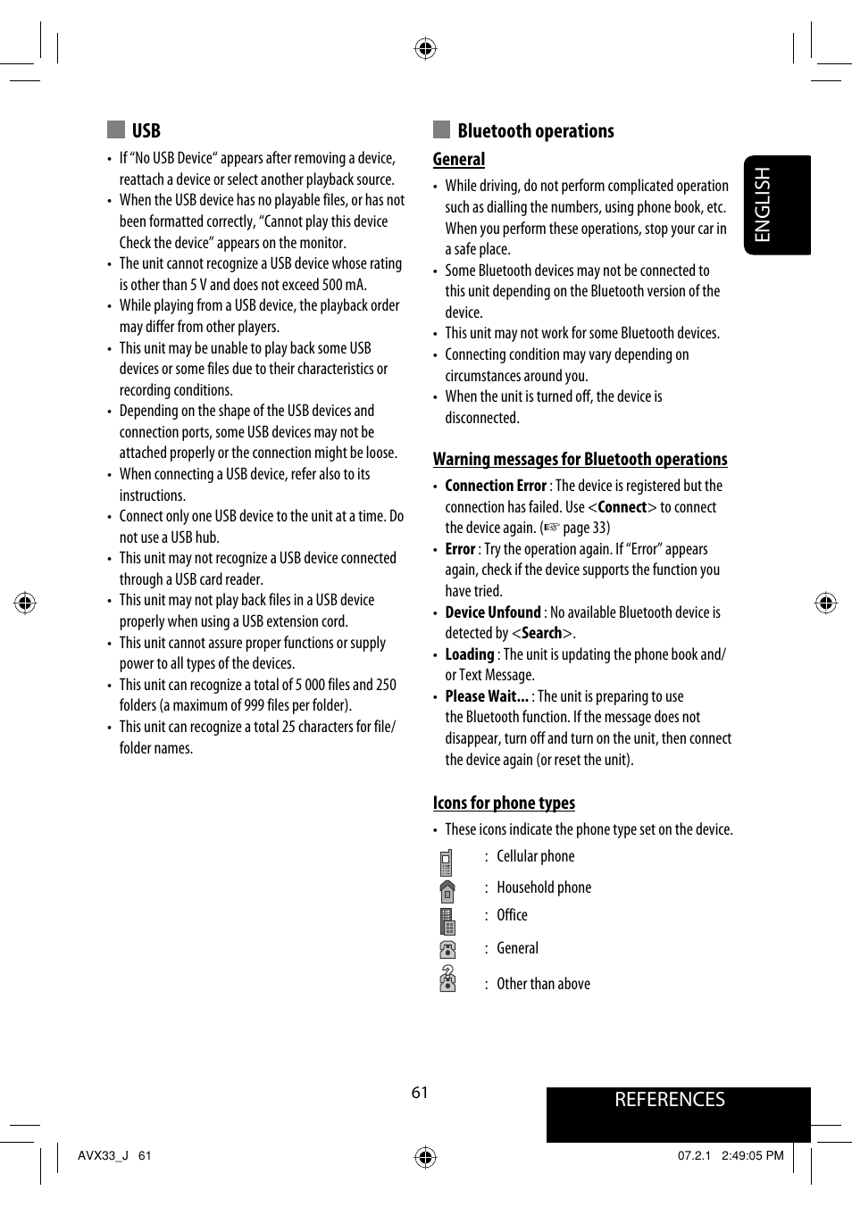 References english usb, Bluetooth operations | JVC KD-AVX33 User Manual | Page 61 / 382