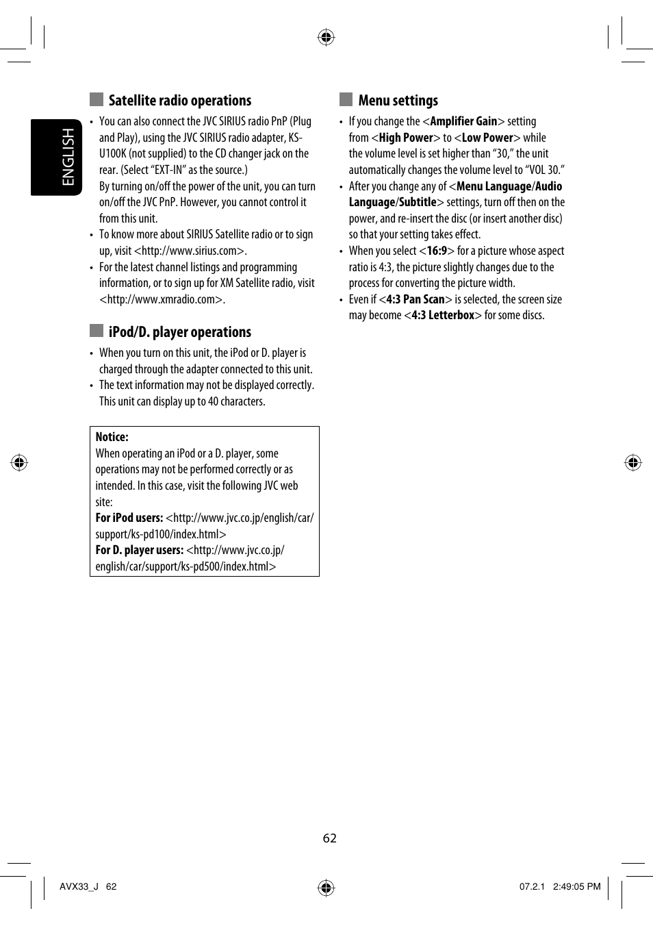 English, Satellite radio operations, Ipod/d. player operations | Menu settings | JVC KD-AVX33 User Manual | Page 62 / 382