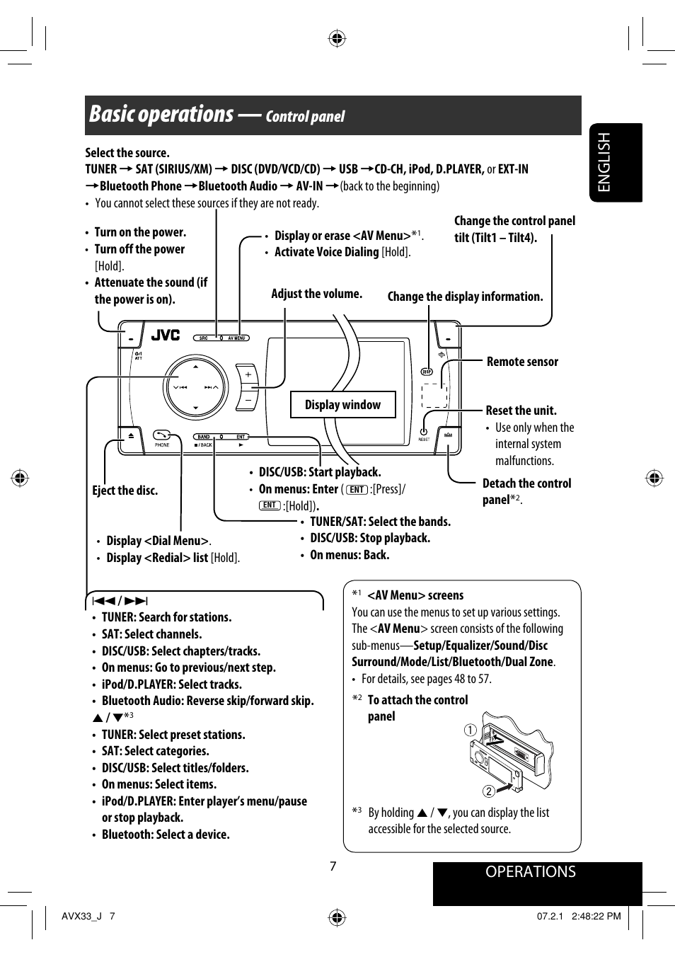 Basic operations — control panel, Basic operations, Operations | English, Control panel | JVC KD-AVX33 User Manual | Page 7 / 382