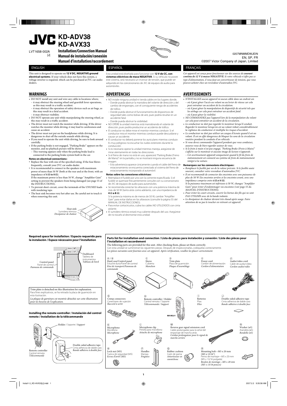 Installation/connection manual, Warnings, Parts list for installation and connection | Kd-adv38 kd-avx33, Avertissements, Advertencias, English, Français, Español | JVC KD-AVX33 User Manual | Page 73 / 382