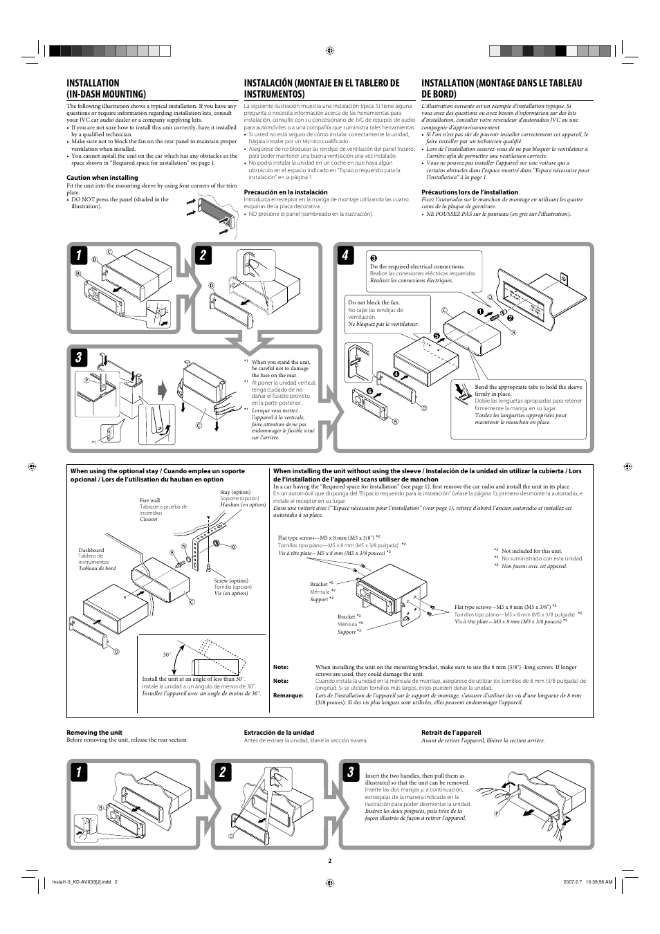 Installation, Removing the unit, Installation (in-dash mounting) | Installation (montage dans le tableau de bord) | JVC KD-AVX33 User Manual | Page 74 / 382