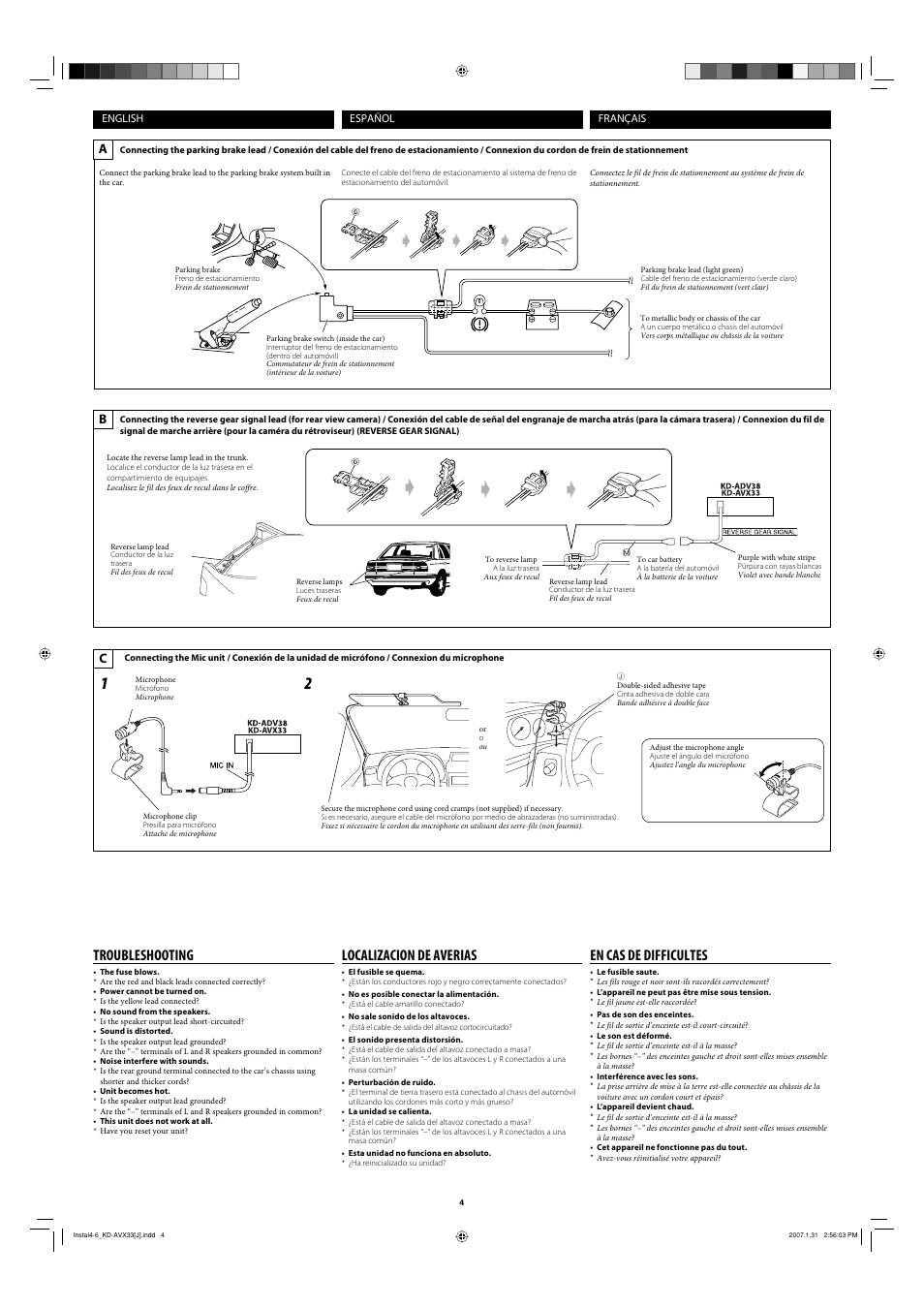 Troubleshooting, En cas de difficultes, Localizacion de averias | English français, Español | JVC KD-AVX33 User Manual | Page 76 / 382