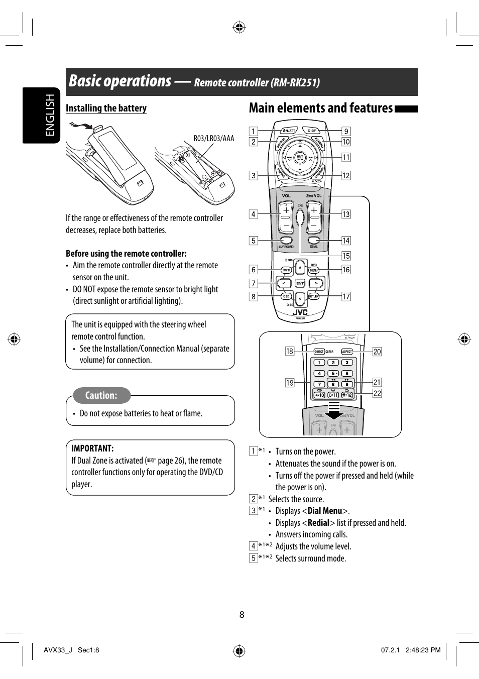 Basic operations — remote controller, Basic operations, Main elements and features | English, Remote controller (rm-rk251) | JVC KD-AVX33 User Manual | Page 8 / 382