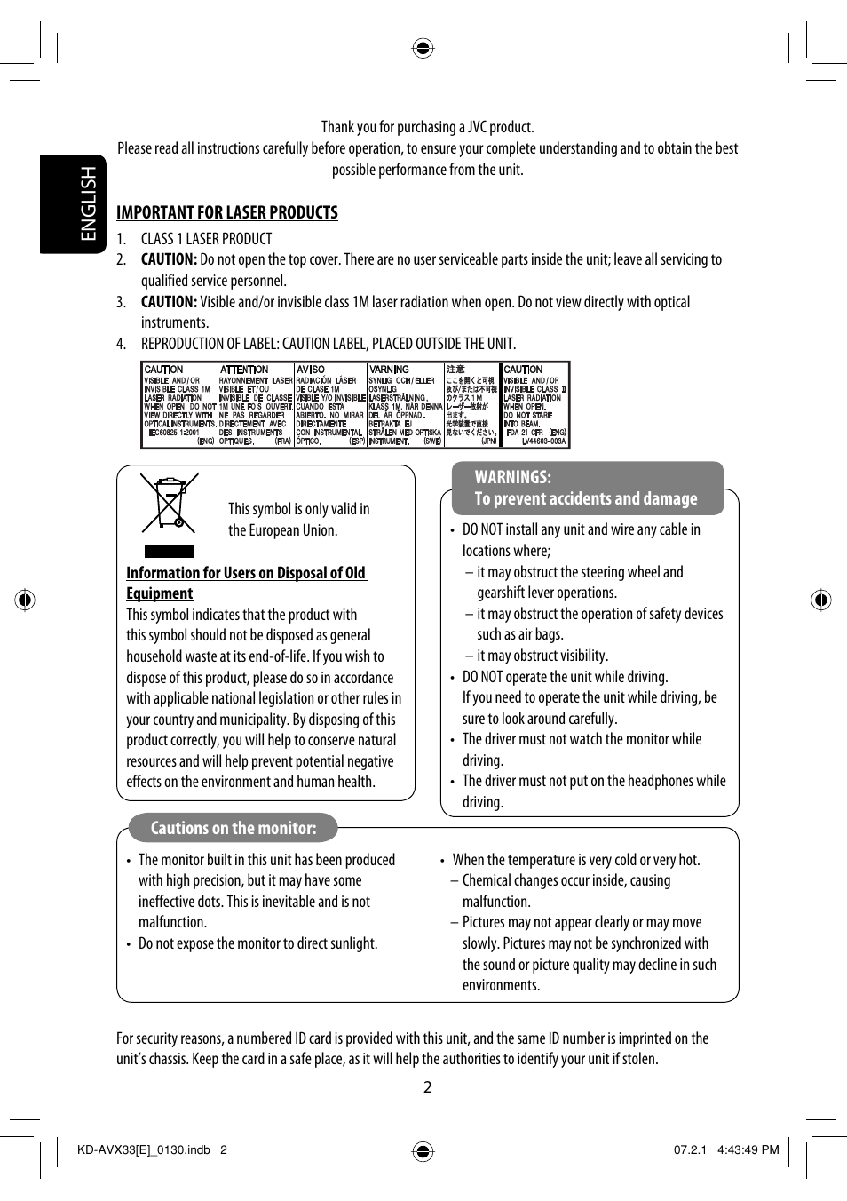 Important for laser products, English | JVC KD-AVX33 User Manual | Page 82 / 382