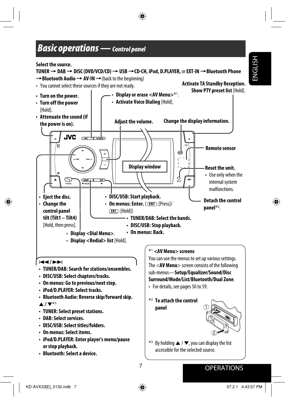 Basic operations — control panel, Basic operations, Operations | English, Control panel | JVC KD-AVX33 User Manual | Page 87 / 382