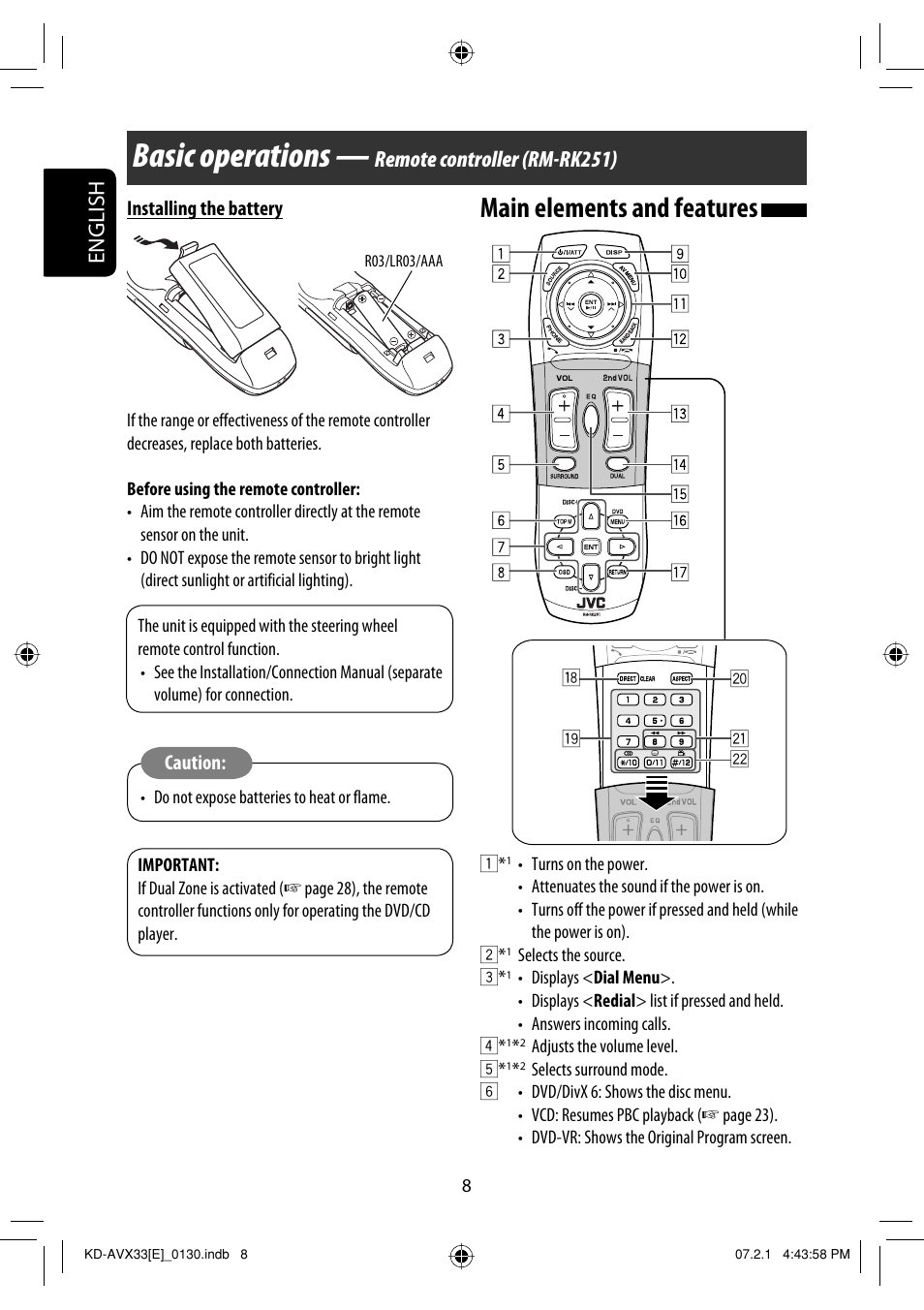 Basic operations — remote controller, Basic operations, Main elements and features | English, Remote controller (rm-rk251) | JVC KD-AVX33 User Manual | Page 88 / 382