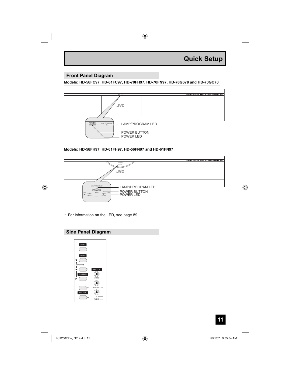 Front panel diagram, Side panel diagram, Quick setup | Power lamp/program, Push lamp/program | JVC HD-56FH97 User Manual | Page 11 / 96