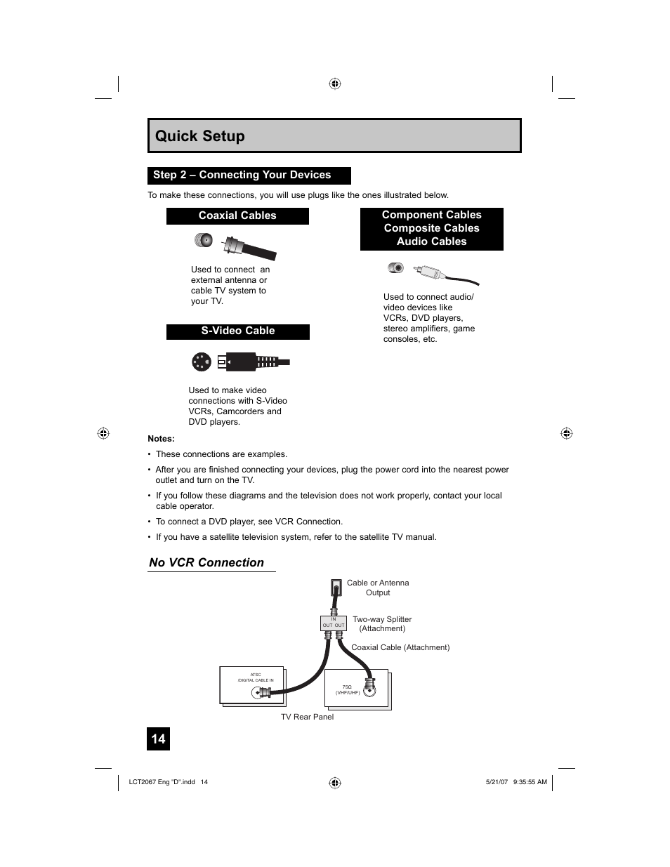 Step 2 – connecting your devices, Quick setup, No vcr connection | Coaxial cables s-video cable, Component cables composite cables audio cables | JVC HD-56FH97 User Manual | Page 14 / 96