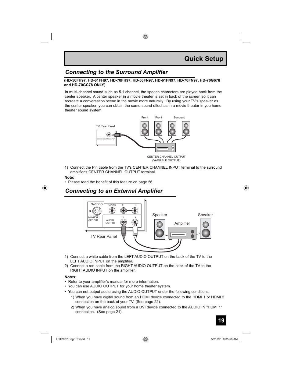 Quick setup, Connecting to the surround amplifier, Connecting to an external amplifier | JVC HD-56FH97 User Manual | Page 19 / 96