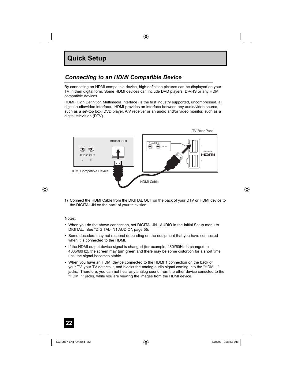Quick setup, Connecting to an hdmi compatible device | JVC HD-56FH97 User Manual | Page 22 / 96