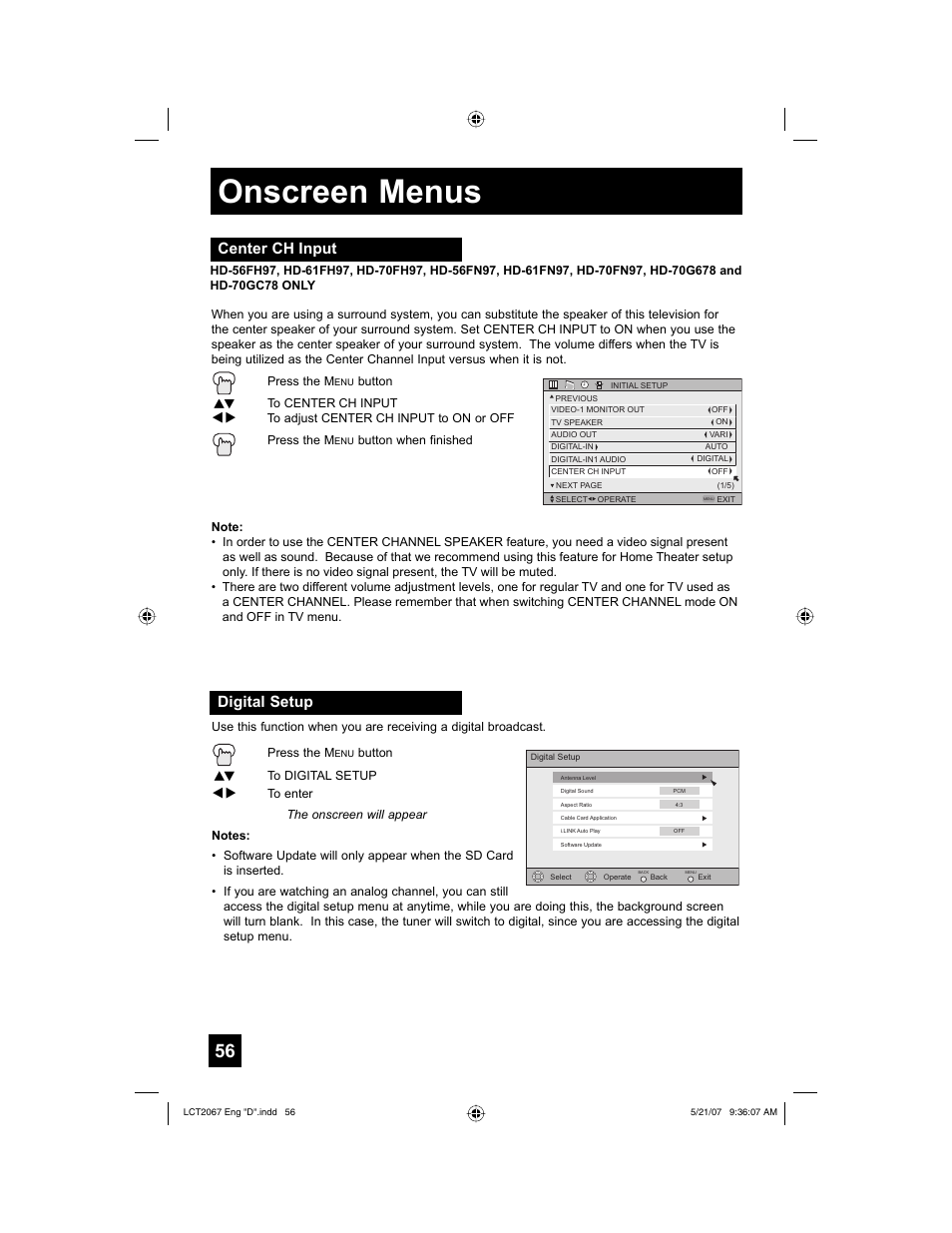 Center ch input, Digital setup, Onscreen menus | JVC HD-56FH97 User Manual | Page 56 / 96
