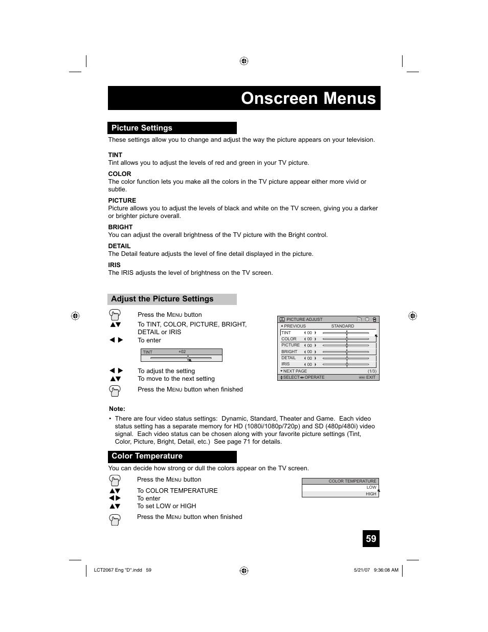 Picture settings, Color temperature, Onscreen menus | JVC HD-56FH97 User Manual | Page 59 / 96