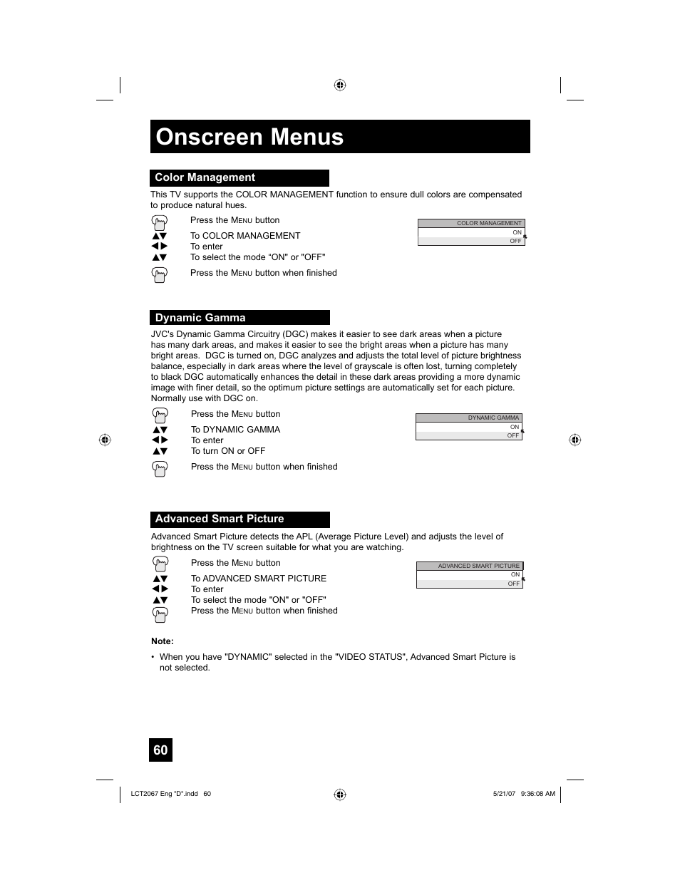 Color management, Dynamic gamma, Advanced smart picture | Onscreen menus | JVC HD-56FH97 User Manual | Page 60 / 96