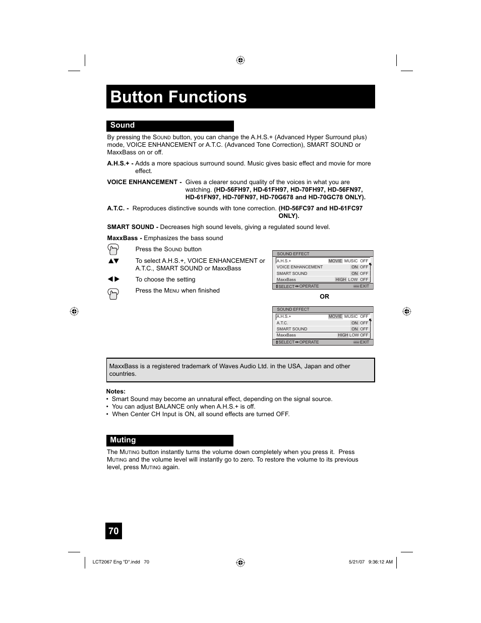 Sound, Muting, Button functions | JVC HD-56FH97 User Manual | Page 70 / 96