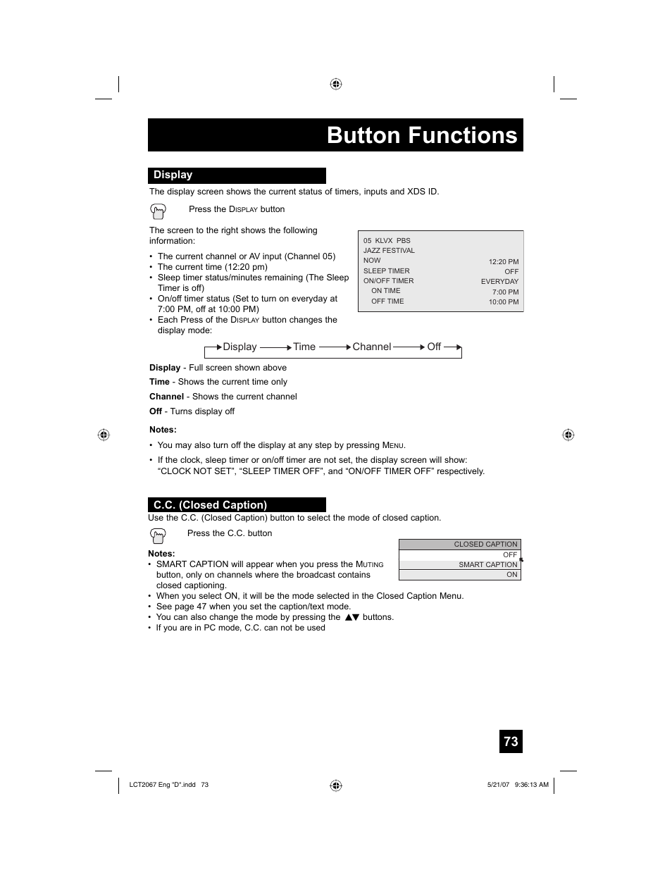 Display, C.c. (closed caption), Button functions | JVC HD-56FH97 User Manual | Page 73 / 96