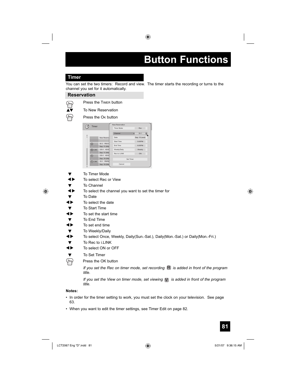 Timer, Button functions, Reservation | JVC HD-56FH97 User Manual | Page 81 / 96