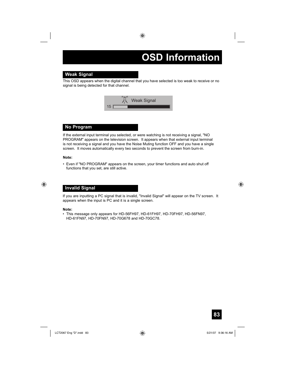 Osd information, Weak signal, No program | Invalid signal | JVC HD-56FH97 User Manual | Page 83 / 96