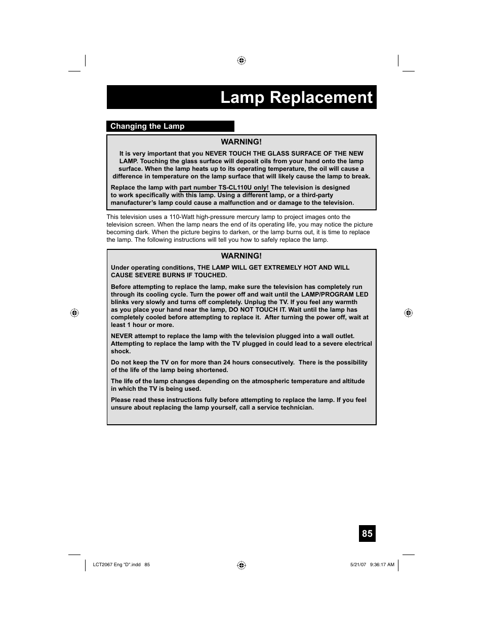Lamp replacement, Changing the lamp | JVC HD-56FH97 User Manual | Page 85 / 96