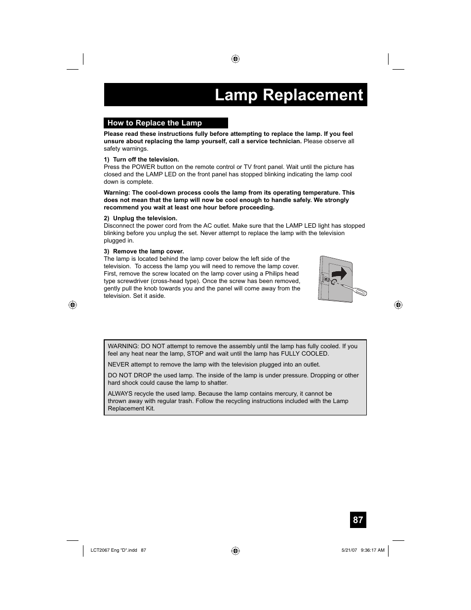 How to replace the lamp, Lamp replacement | JVC HD-56FH97 User Manual | Page 87 / 96