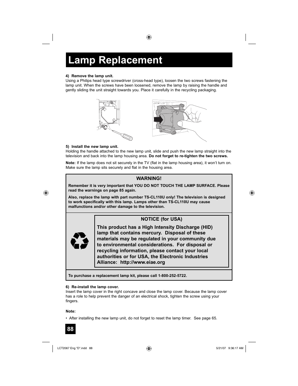 Lamp replacement | JVC HD-56FH97 User Manual | Page 88 / 96