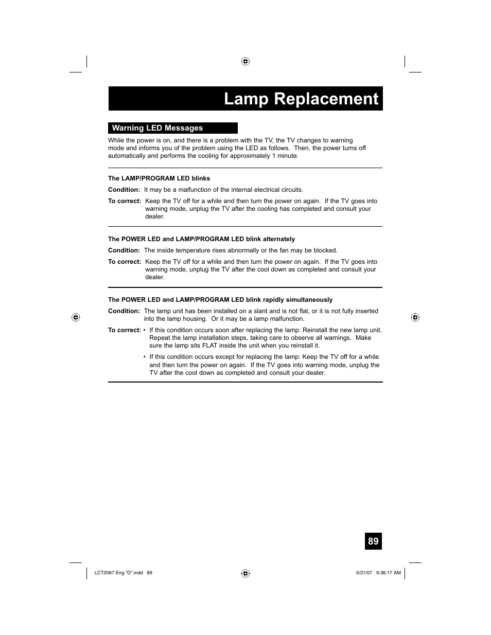 Warning led messages, Lamp replacement | JVC HD-56FH97 User Manual | Page 89 / 96
