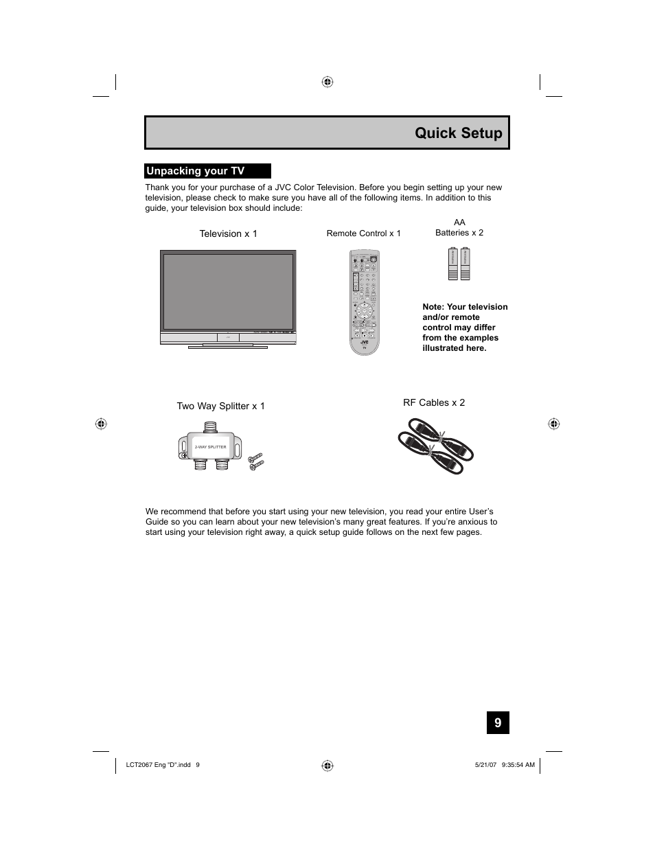 Quick setup, Unpacking your tv | JVC HD-56FH97 User Manual | Page 9 / 96