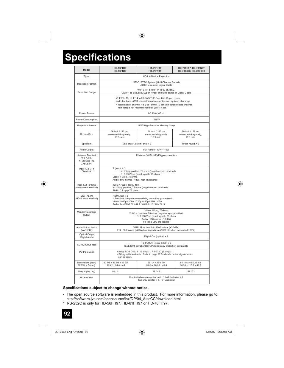 Specifications | JVC HD-56FH97 User Manual | Page 92 / 96