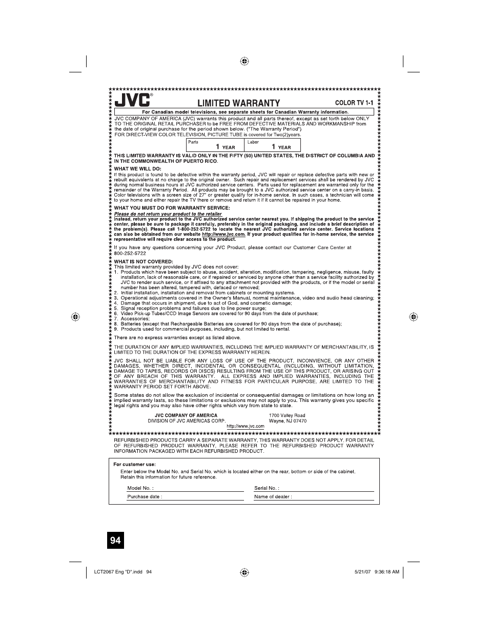 Limited warranty | JVC HD-56FH97 User Manual | Page 94 / 96