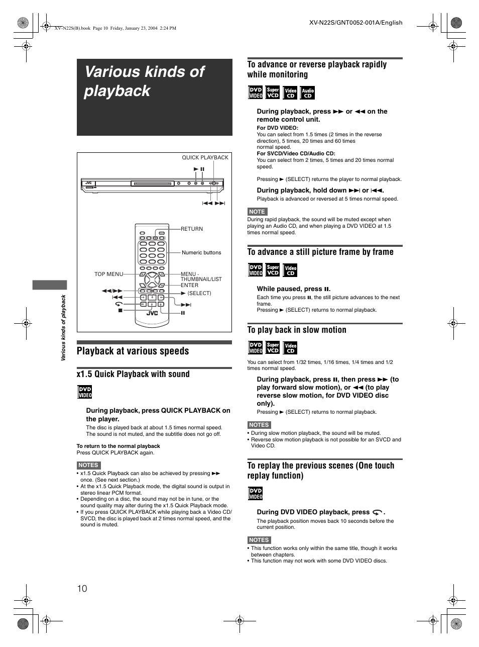 Various kinds of playback, Playback at various speeds, X1.5 quick playback with sound | JVC GNT0052-001A User Manual | Page 12 / 36