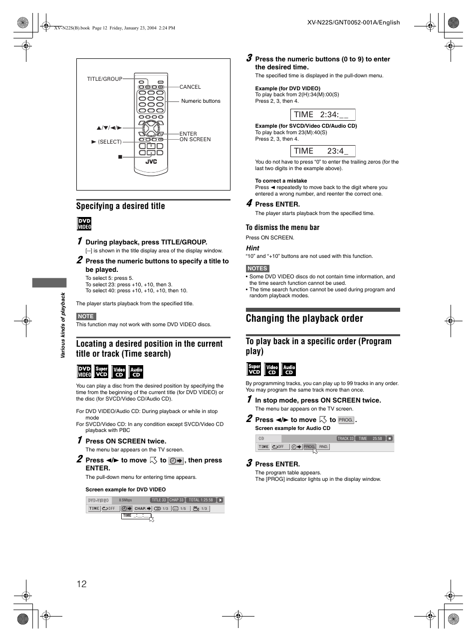 Changing the playback order, Specifying a desired title | JVC GNT0052-001A User Manual | Page 14 / 36