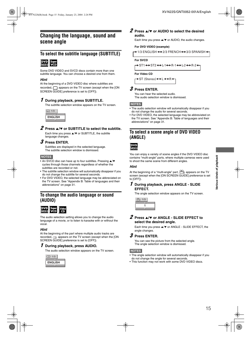 Changing the language, sound and scene angle | JVC GNT0052-001A User Manual | Page 17 / 36