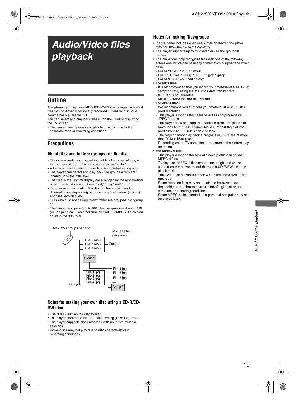 Audio/video files playback, Outline, Precautions | JVC GNT0052-001A User Manual | Page 21 / 36