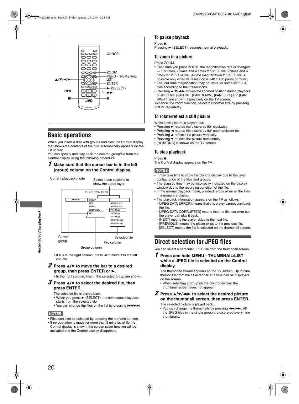 Basic operations, Direct selection for jpeg files | JVC GNT0052-001A User Manual | Page 22 / 36