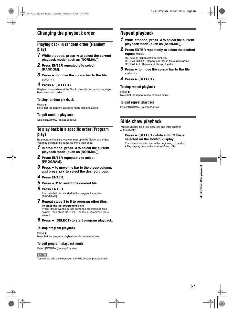 Changing the playback order, Repeat playback 1, Slide show playback | Playing back in random order (random play) | JVC GNT0052-001A User Manual | Page 23 / 36