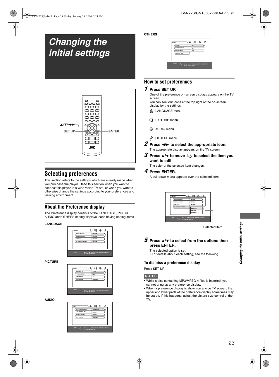 Changing the initial settings, Selecting preferences, About the preference display | How to set preferences, Press set up, Press 2 / 3 to select the appropriate icon, Press enter | JVC GNT0052-001A User Manual | Page 25 / 36