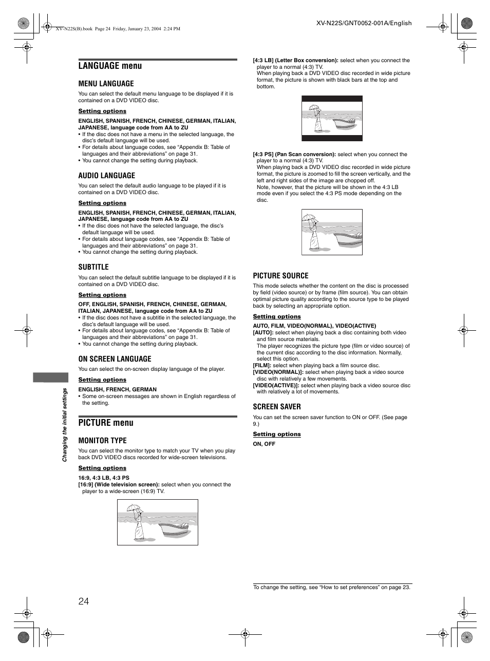 Language menu, Picture menu | JVC GNT0052-001A User Manual | Page 26 / 36