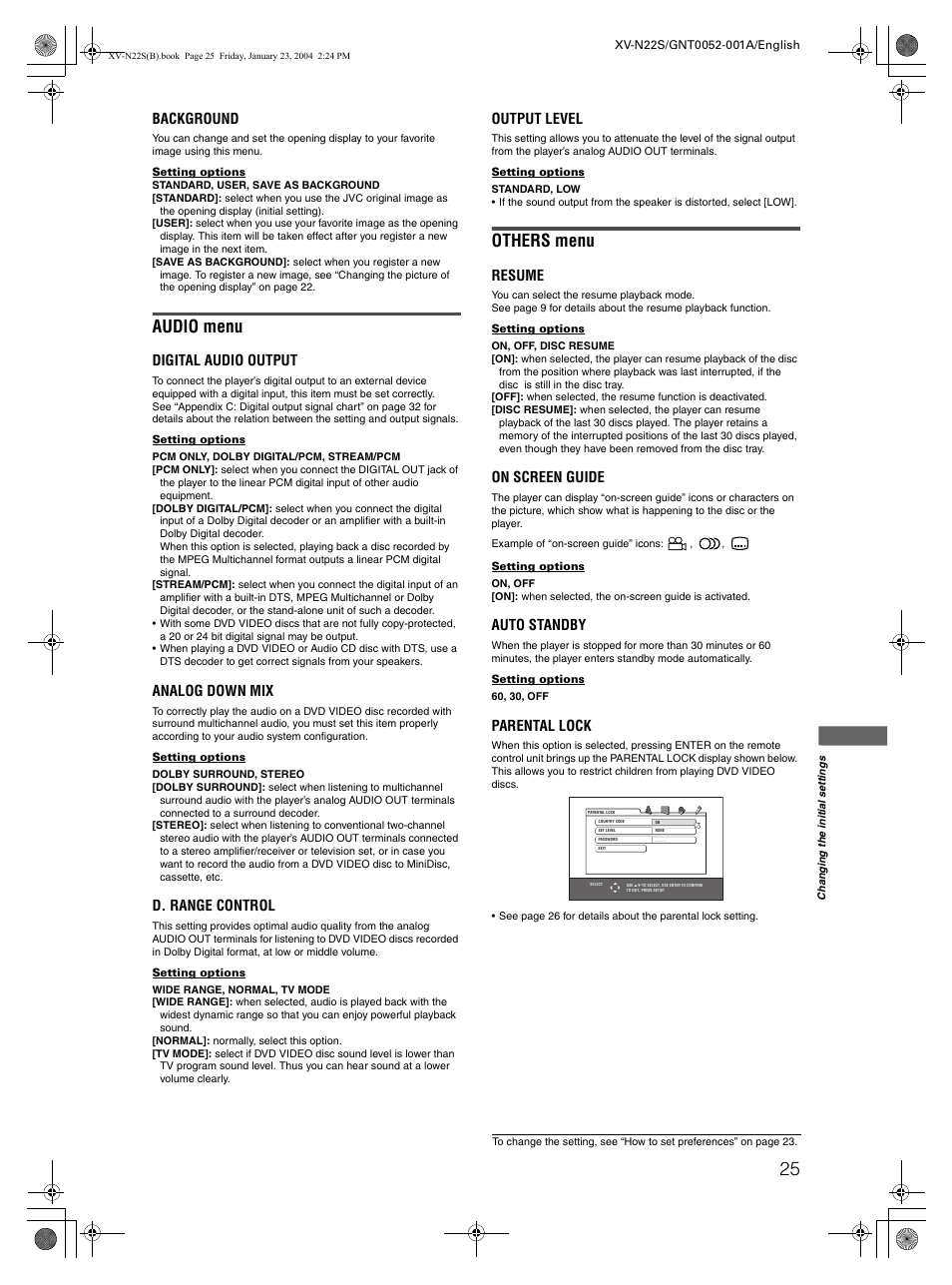 Audio menu, Others menu, Background | Digital audio output, Analog down mix, D. range control, Output level, Resume, On screen guide, Auto standby | JVC GNT0052-001A User Manual | Page 27 / 36