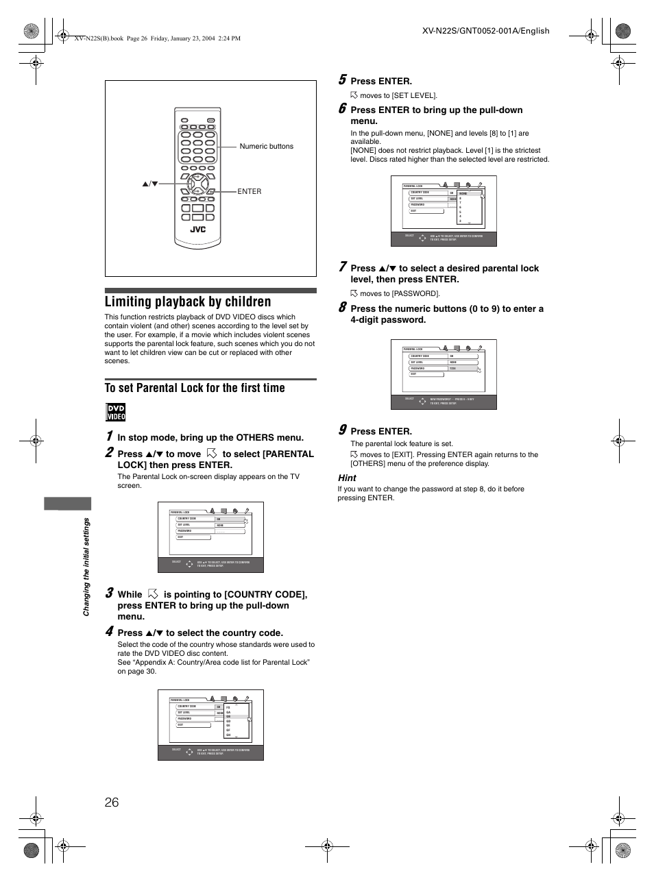 Limiting playback by children, Press 5 / ∞ to select the country code, Press enter | Press enter to bring up the pull-down menu, Hint | JVC GNT0052-001A User Manual | Page 28 / 36