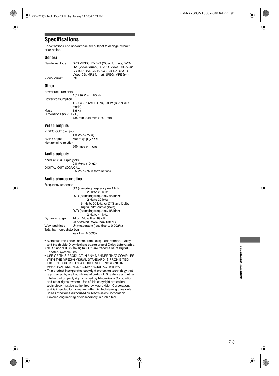 Specifications, General, Other | Video outputs, Audio outputs, Audio characteristics | JVC GNT0052-001A User Manual | Page 31 / 36