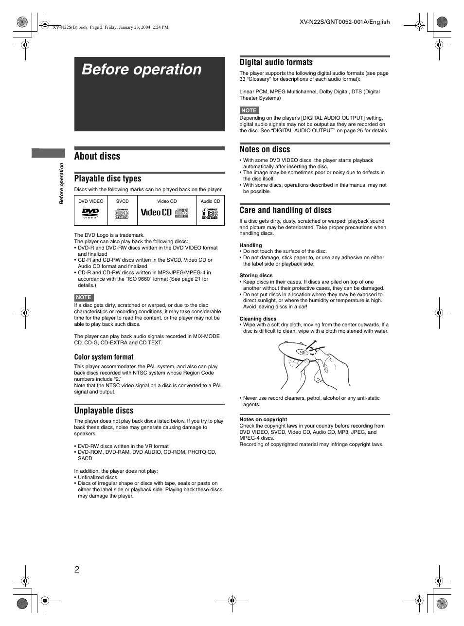 Before operation, About discs, Playable disc types | Unplayable discs, Digital audio formats, Care and handling of discs | JVC GNT0052-001A User Manual | Page 4 / 36