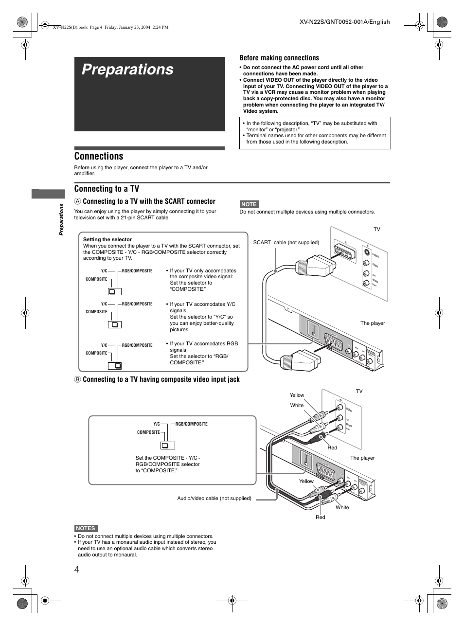 Preparations, Connections, Connecting to a tv | Before making connections, A connecting to a tv with the scart connector | JVC GNT0052-001A User Manual | Page 6 / 36