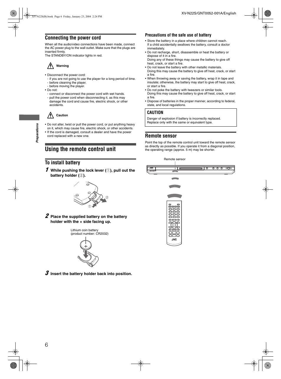 Using the remote control unit, Connecting the power cord, Remote sensor | JVC GNT0052-001A User Manual | Page 8 / 36