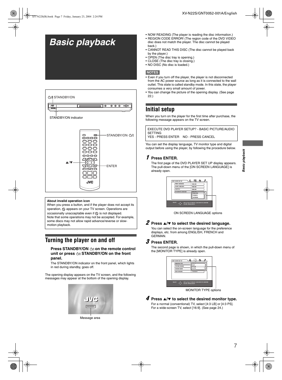 Basic playback, Turning the player on and off, Initial setup | Press enter, Press 5 / ∞ to select the desired language, Press 5 / ∞ to select the desired monitor type | JVC GNT0052-001A User Manual | Page 9 / 36