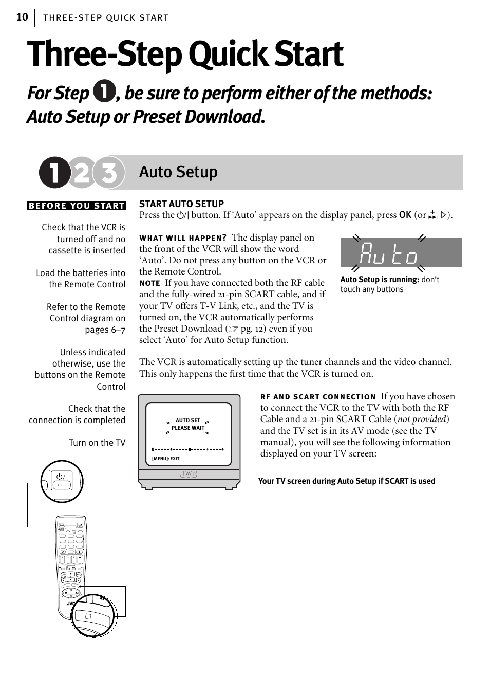 Three-step quick start, Auto setup, Three-step quick start 10 before you start | What will happen, Rf and sc art connection | JVC HR-J580EK User Manual | Page 10 / 56