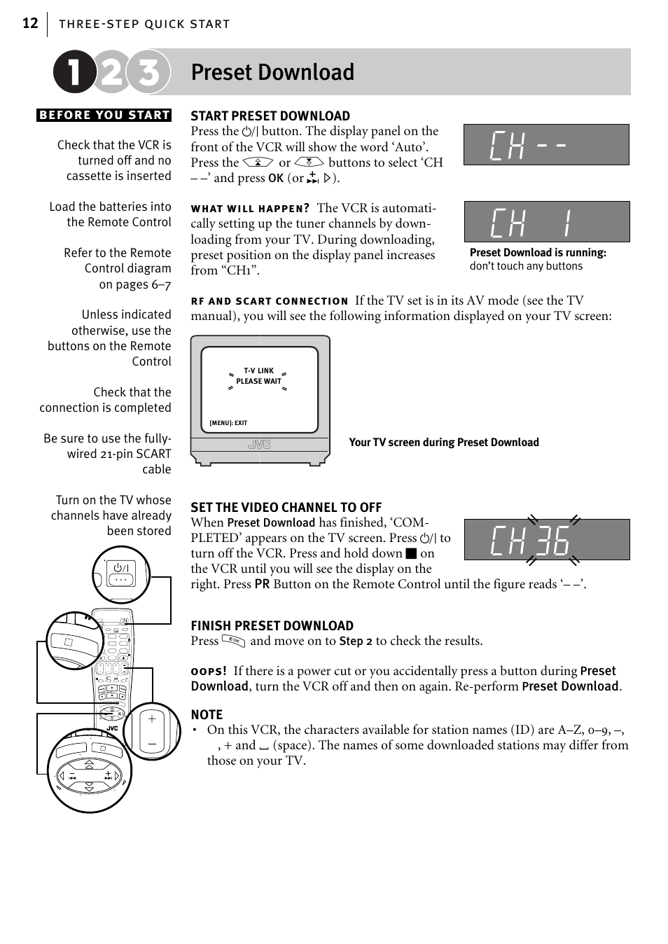 Preset download, Three-step quick start 12 before you start, Or e) | What will happen, Rf and sc art connection, Oops, Step 2, Your tv screen during preset download | JVC HR-J580EK User Manual | Page 12 / 56
